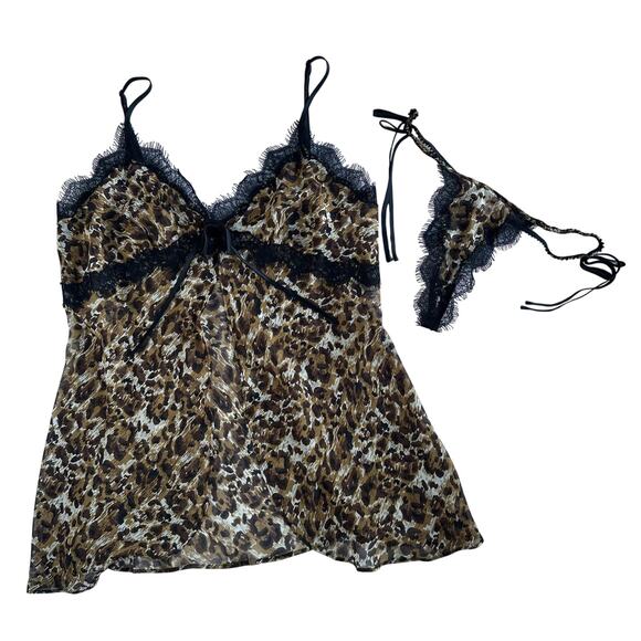 Victoria's Secret Other - Md Y2K VTG Victoria’s Secret Leopard Silk Cami & Thong Set Babydoll Eyelash Lace